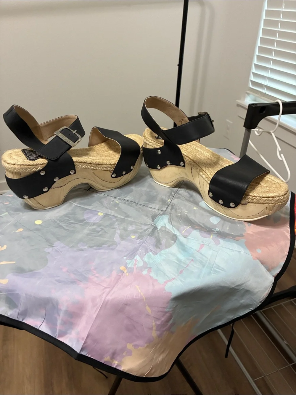 John Fluevog Black Leather Espadrille Wedge Sandals